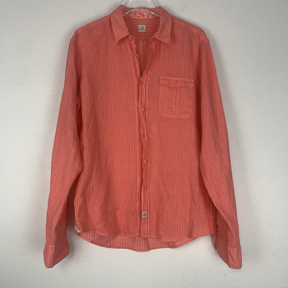 Pauawa Shirt Womens‎ Large Linen Button Down Striped Floral Coastal Beachy Coral